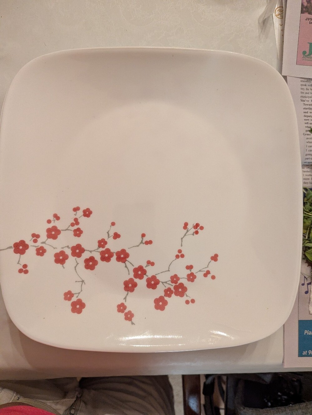 Corelle White Square Dinner Plate  with Red Floral Branch Design